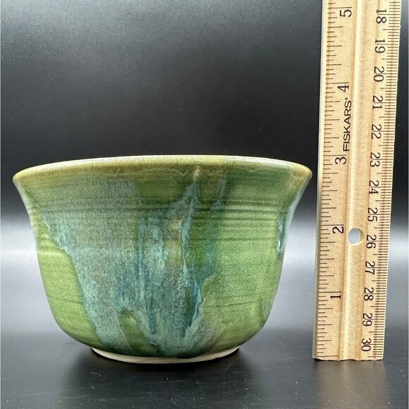 Art Pottery Bowl Green Blue Drip Swirl Glaze Unique Signed Gan Handmade Dish - Picture 10 of 10